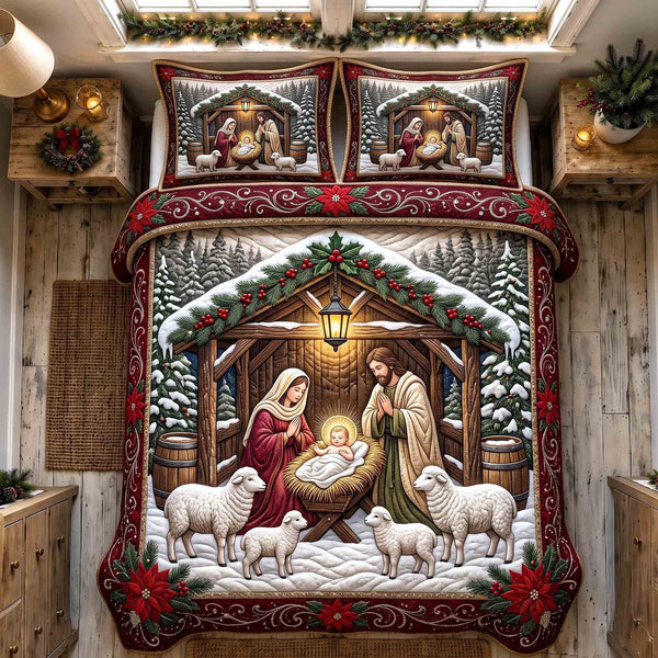 Holy Nativity quilted 3-piece bedding set on a made bed in a winter-styled bedroom