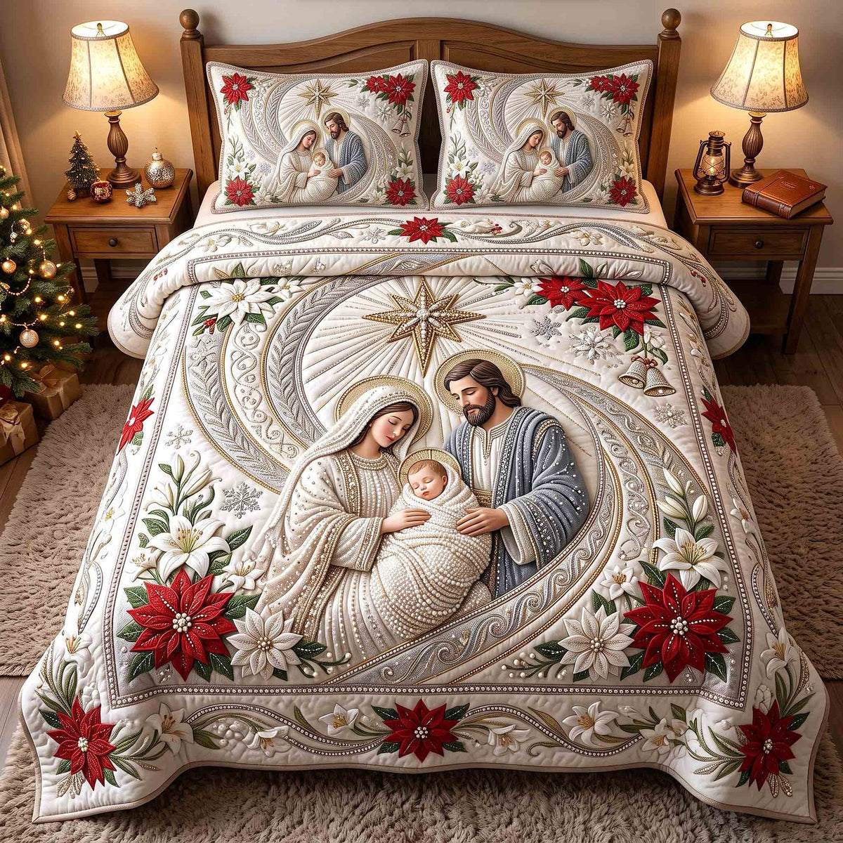 Holy Nativity quilted 3-piece bedding set on a made bed in a winter-styled bedroom