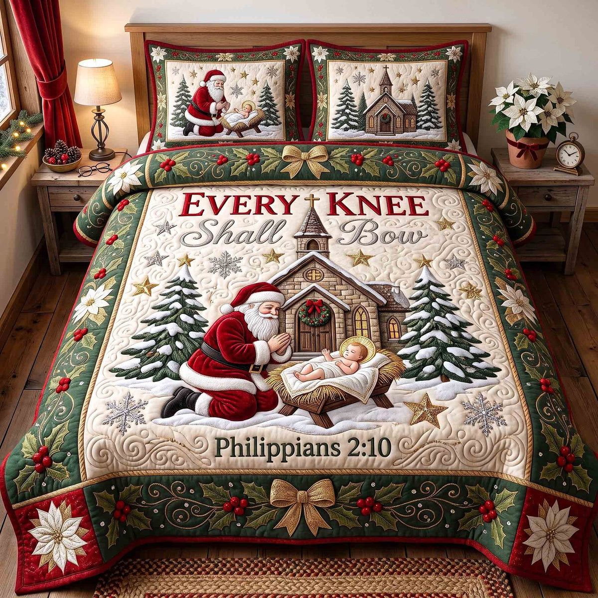 Holy Nativity quilted 3-piece bedding set on a made bed in a winter-styled bedroom