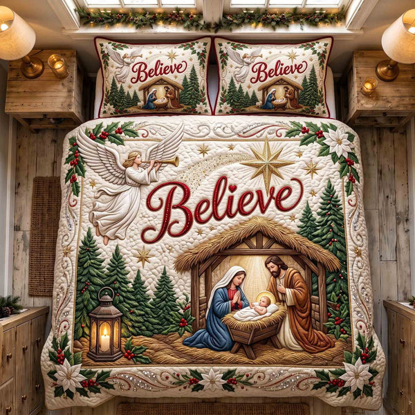 Holy Nativity quilted 3-piece bedding set on a made bed in a winter-styled bedroom