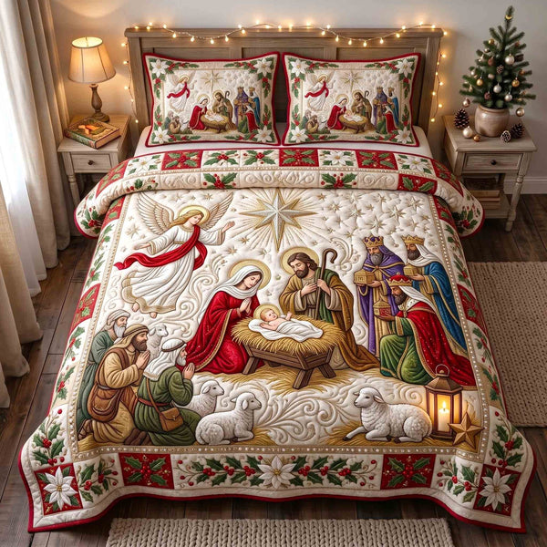Holy Nativity quilted 3-piece bedding set on a made bed in a winter-styled bedroom