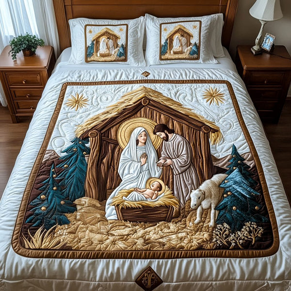 Holy Night Bliss quilted 3-piece bedding set on a made bed in a softly lit bedroom