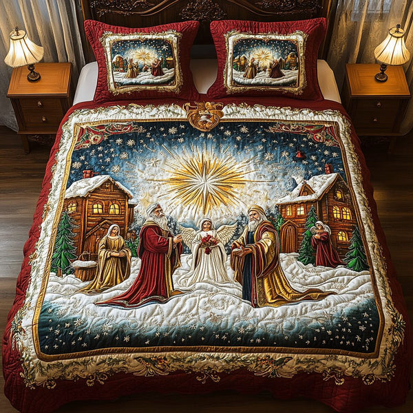 Holy Night Charm quilted 3-piece bedding set on a made bed in a softly lit bedroom