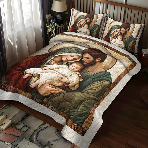 Holy Night Comfort quilted 3-piece bedding set on a made bed in a softly lit bedroom