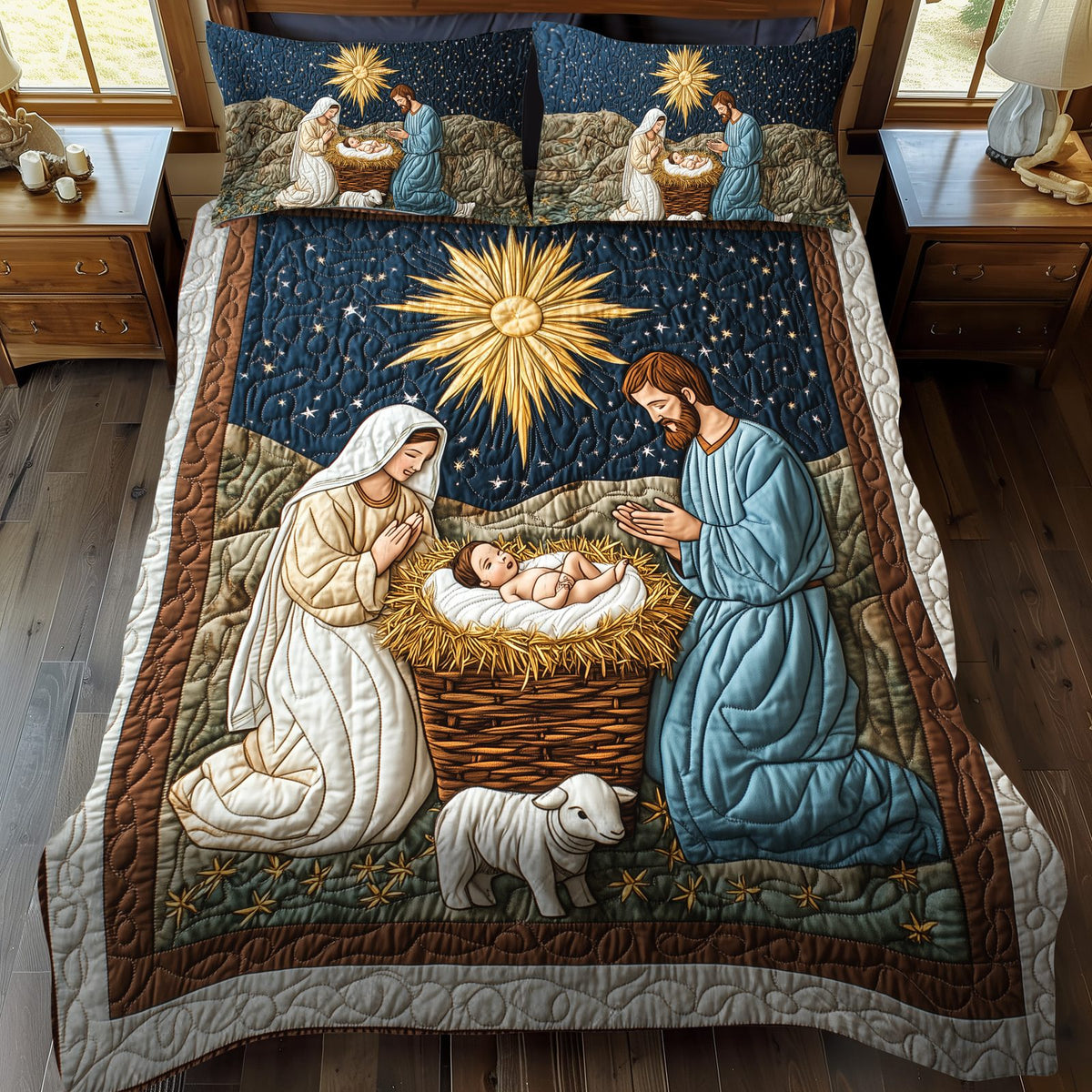 Holy Night in Bethlehem quilted 3-piece bedding set on a made bed in a softly lit bedroom