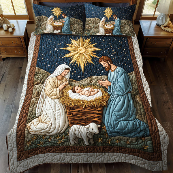 Holy Night in Bethlehem quilted 3-piece bedding set on a made bed in a softly lit bedroom