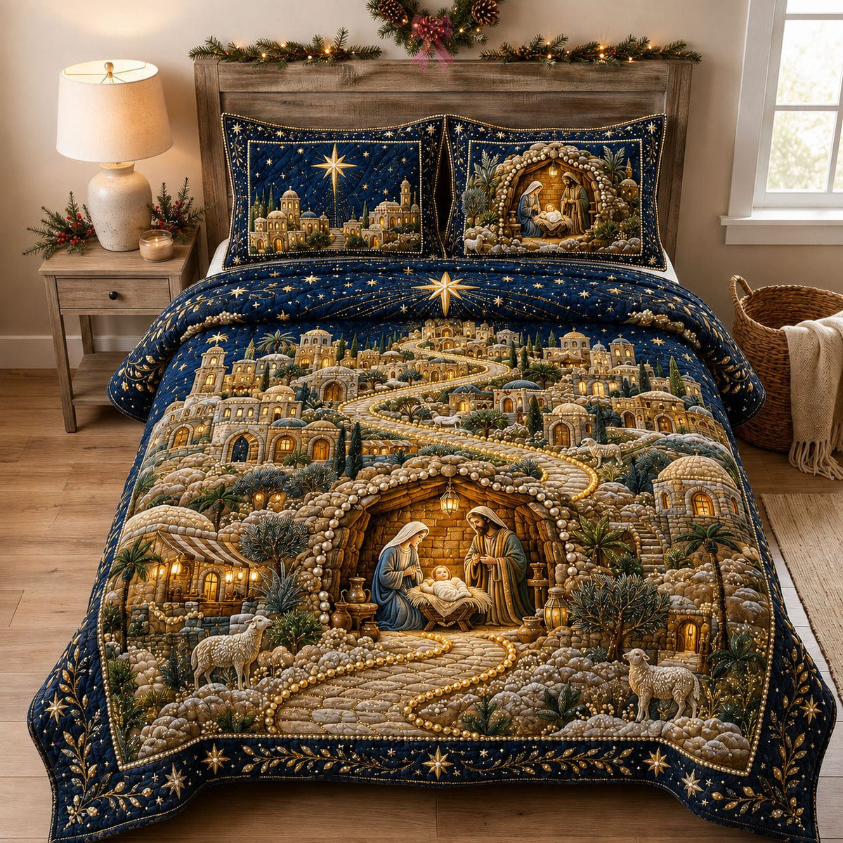 Holy Night Nativity quilted 3-piece bedding set on a made bed in a winter-styled bedroom