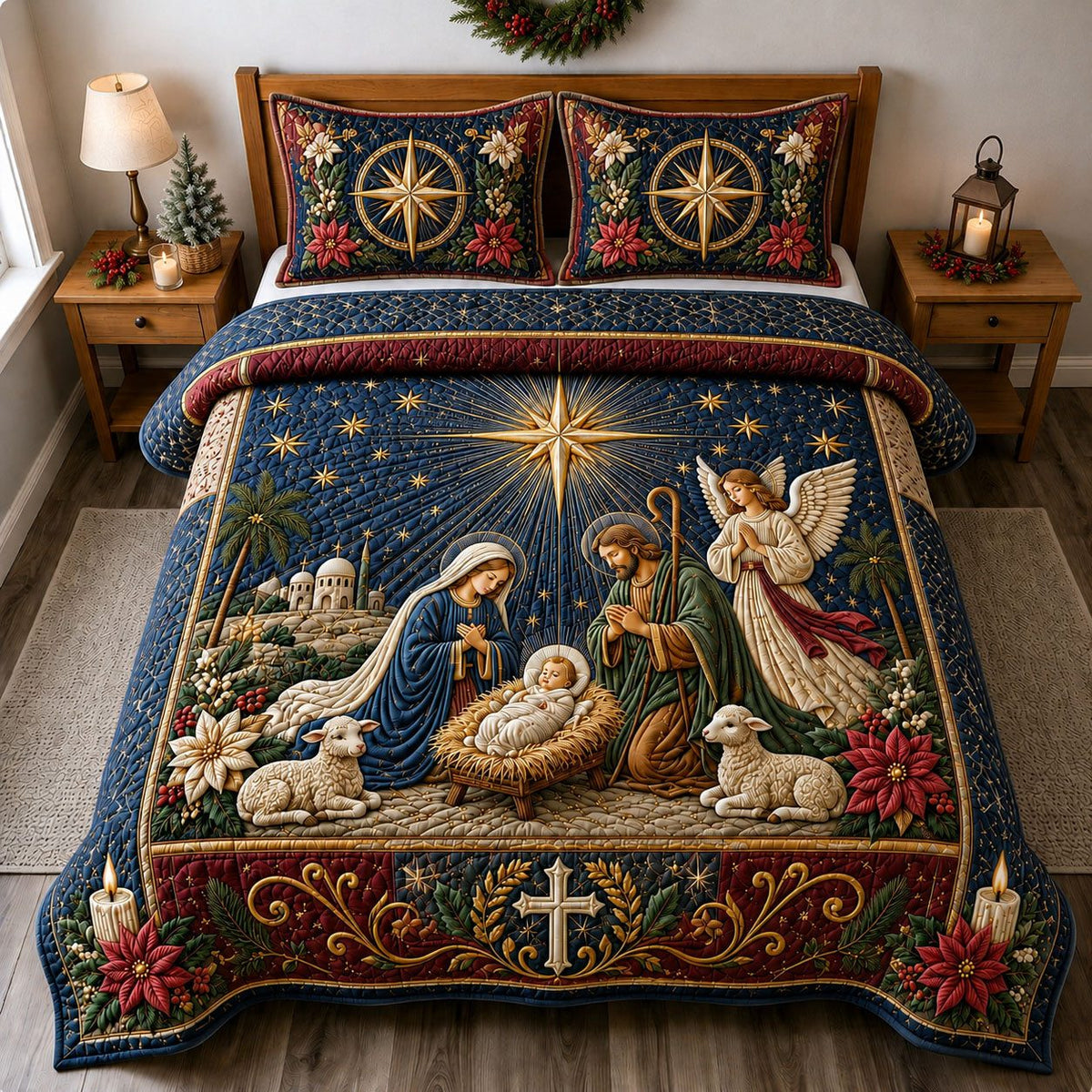 Holy Night Nativity Star quilted 3-piece bedding set on a made bed in a winter-styled bedroom