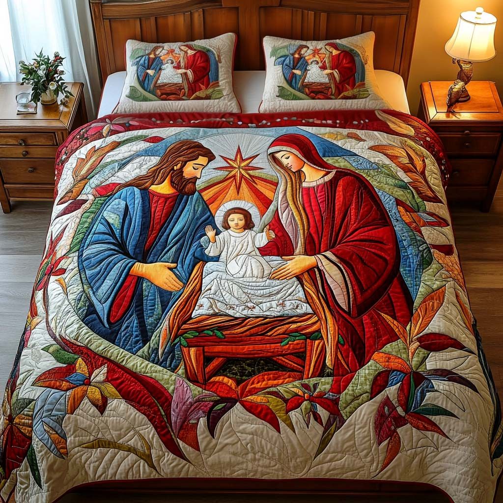 Holy Night Peace quilted 3-piece bedding set on a made bed in a softly lit bedroom