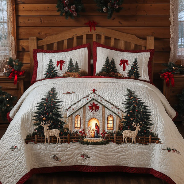 Holy Night Peace quilted 3-piece bedding set on a made bed in a softly lit bedroom