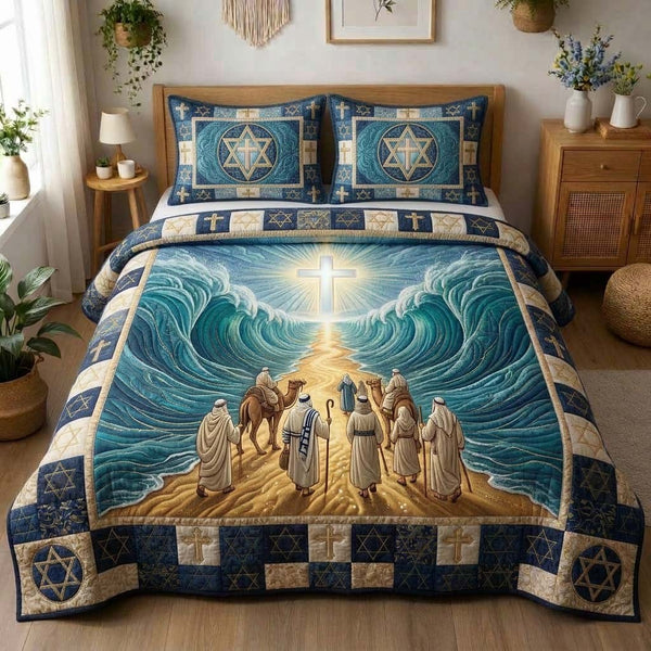 Holy Passage Light quilted 3-piece bedding set on a made bed in a softly lit bedroom