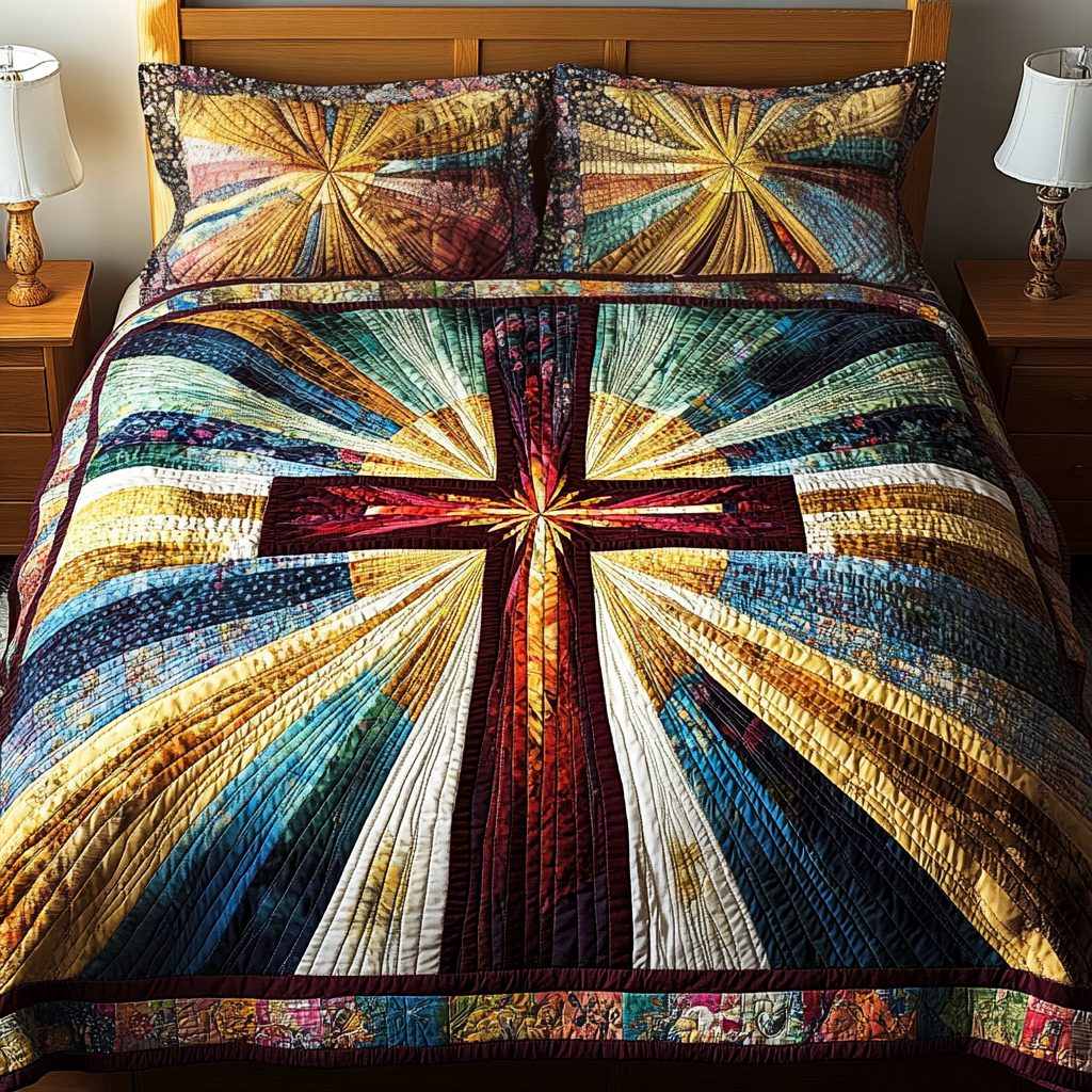 Holy Radiance quilted 3-piece bedding set on a made bed in a softly lit bedroom