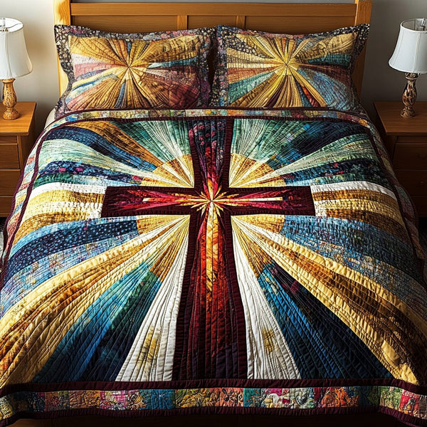 Holy Radiance quilted 3-piece bedding set on a made bed in a softly lit bedroom