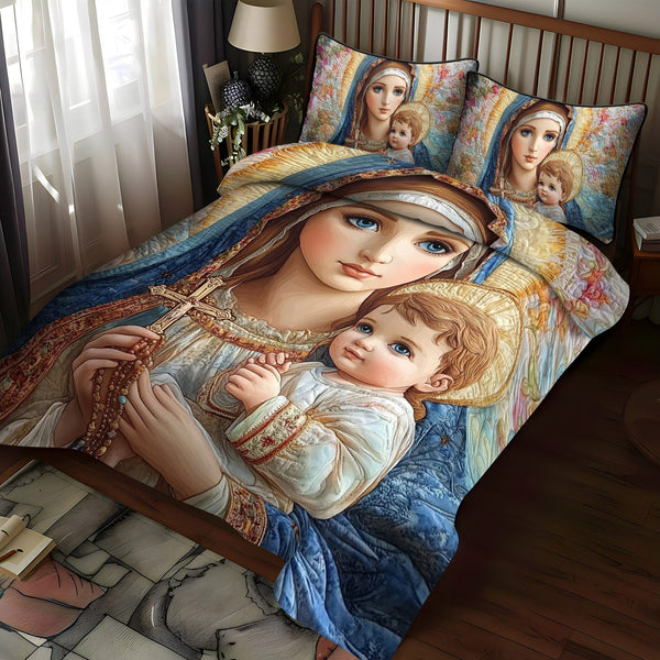 Holy Serenity quilted 3-piece bedding set on a made bed in a softly lit bedroom