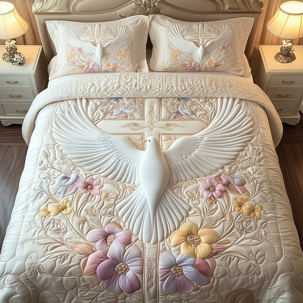 Holy Spirit Dove quilted 3-piece bedding set on a made bed in a softly lit bedroom