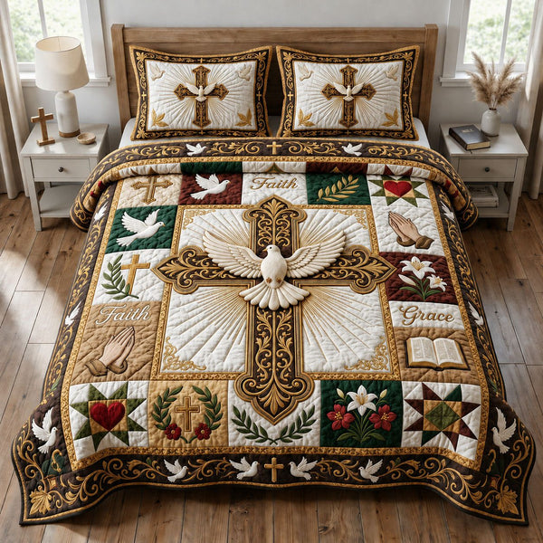 Holy Spirit Dove quilted 3-piece bedding set on a made bed in a softly lit bedroom
