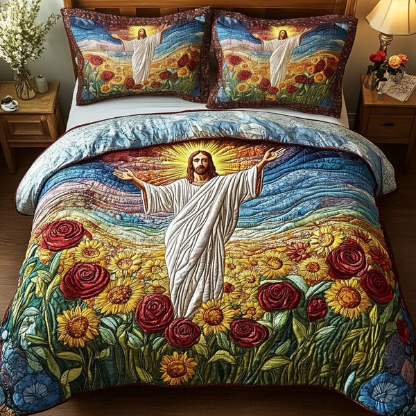 Holy Sunrise quilted 3-piece bedding set on a made bed in a softly lit bedroom