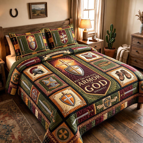 Holy Victory quilted 3-piece bedding set on a made bed in a softly lit bedroom