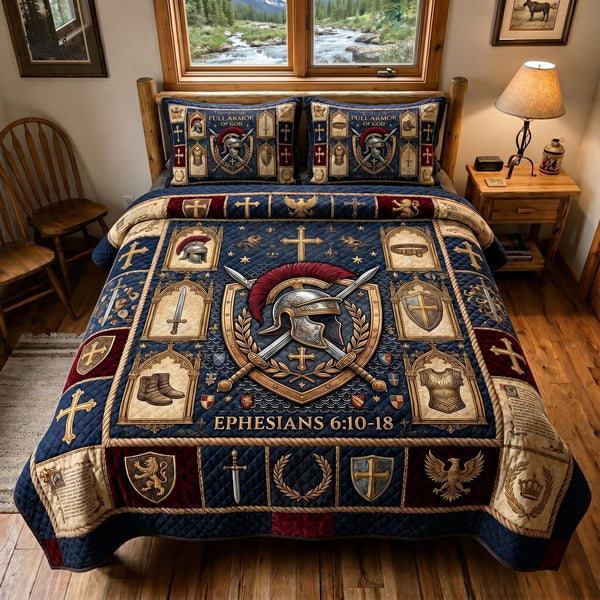 Holy Warrior quilted 3-piece bedding set on a made bed in a softly lit bedroom