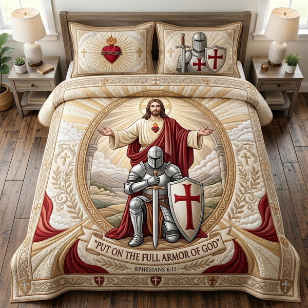 Holy Warrior quilted 3-piece bedding set on a made bed in a softly lit bedroom