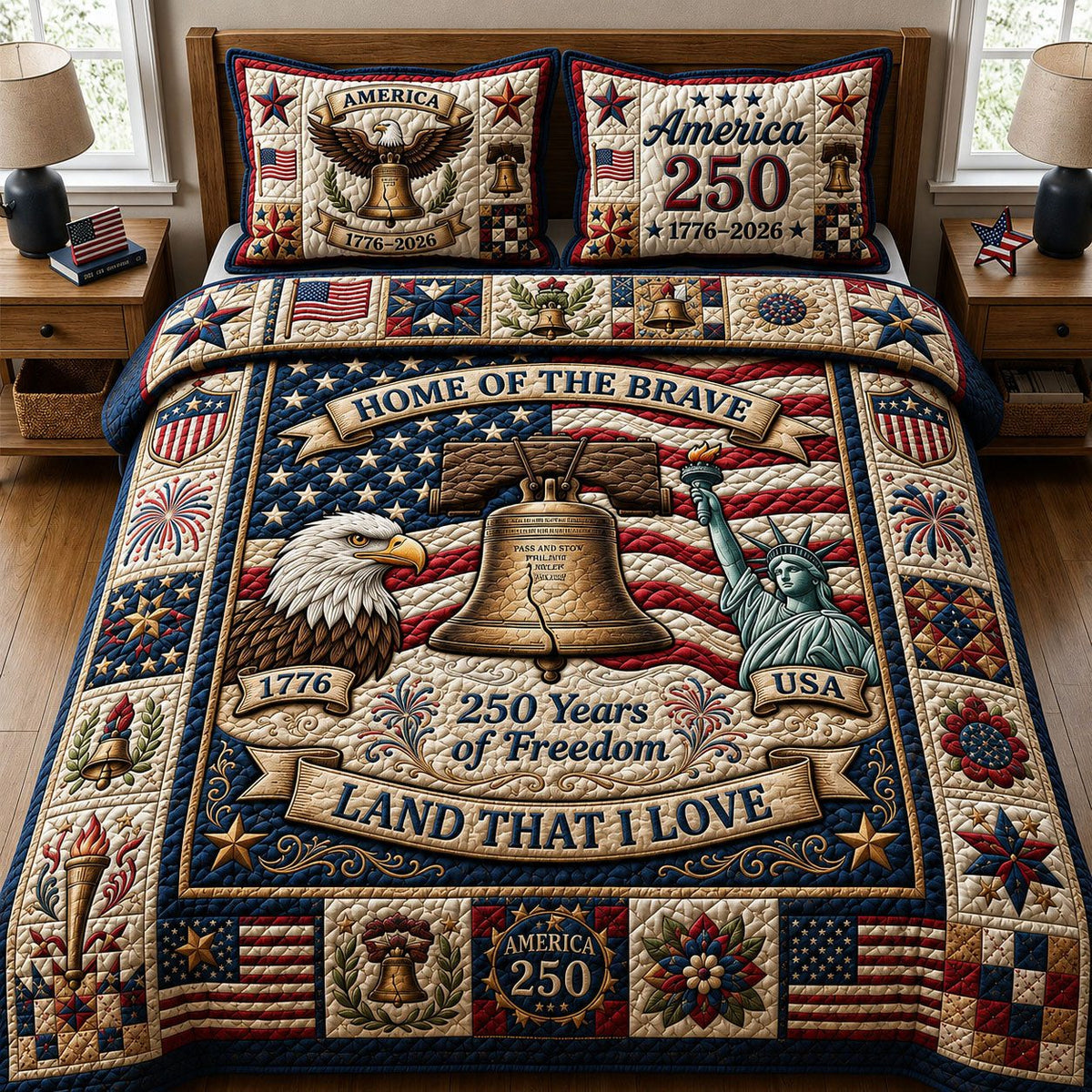 Home Of The Brave quilted 3-piece bedding set on a made bed with two matching pillow shams