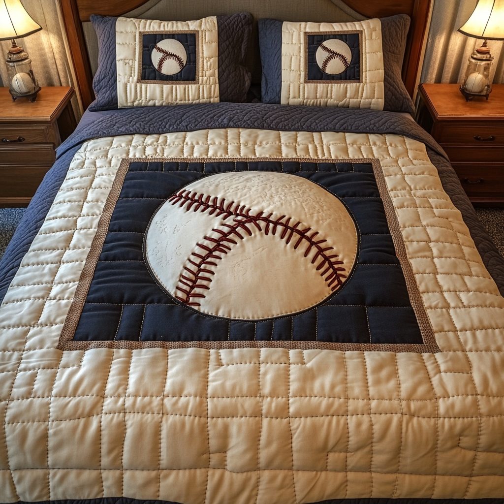Home Run Haven quilted 3-piece bedding set on a made bed with two matching pillow shams