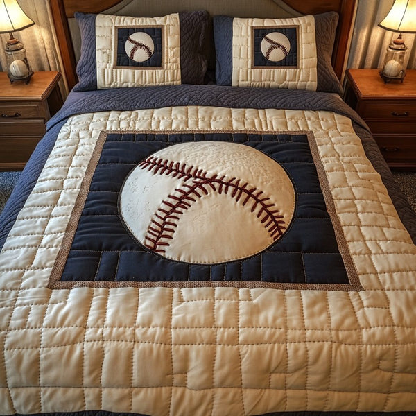 Home Run Haven quilted 3-piece bedding set on a made bed with two matching pillow shams