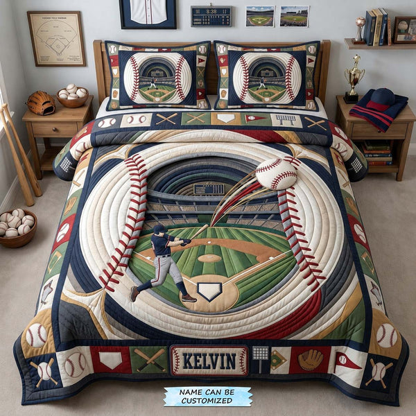 Home Run Tunnel 3-Piece Quilted Bedding Set QTCUZ quilted 3-piece bedding set on a made bed with two matching pillow shams