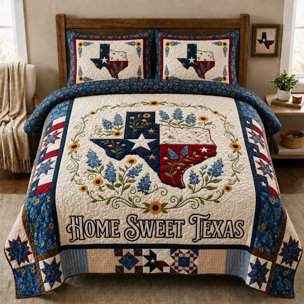 Home Sweet Texas quilted 3-piece bedding set on a made bed in a rustic timber bedroom