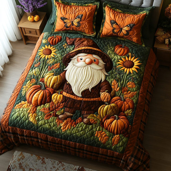 Home with the Harvest Gnomes quilted 3-piece bedding set on a made bed with two matching pillow shams