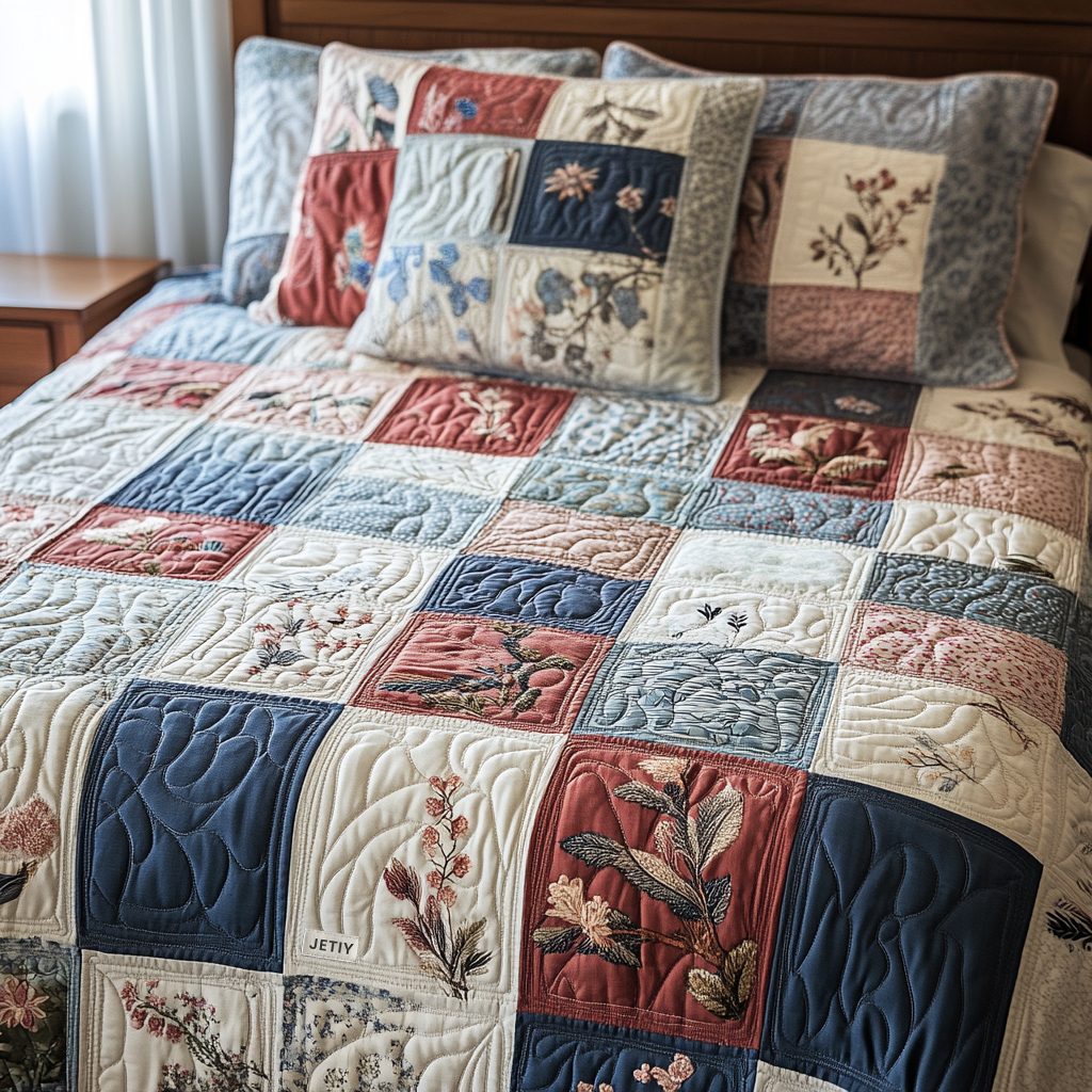 Homestead Comfort quilted 3-piece bedding set on a made bed in a rustic timber bedroom