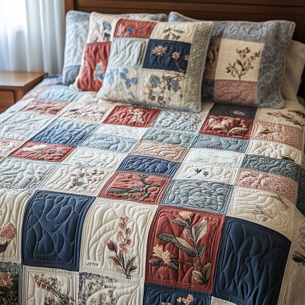 Homestead Comfort quilted 3-piece bedding set on a made bed in a rustic timber bedroom