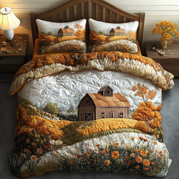 Homestead Dreams quilted 3-piece bedding set on a made bed in a rustic timber bedroom