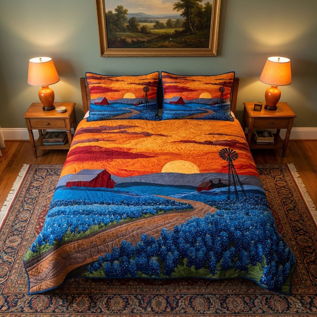Homestead Glory quilted 3-piece bedding set on a made bed in a rustic timber bedroom