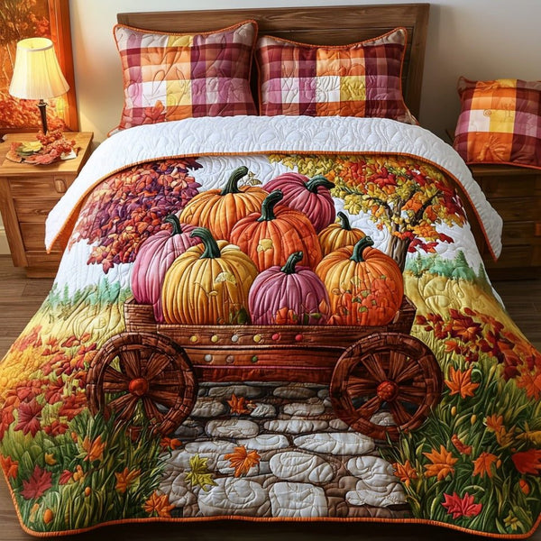 Homestead Harvest quilted 3-piece bedding set on a made bed in a rustic timber bedroom