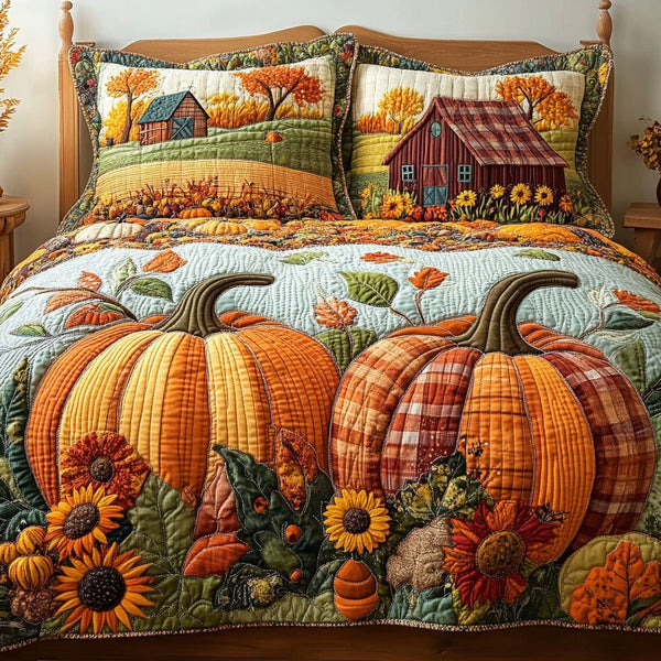 Homestead Harvest quilted 3-piece bedding set on a made bed in a rustic timber bedroom