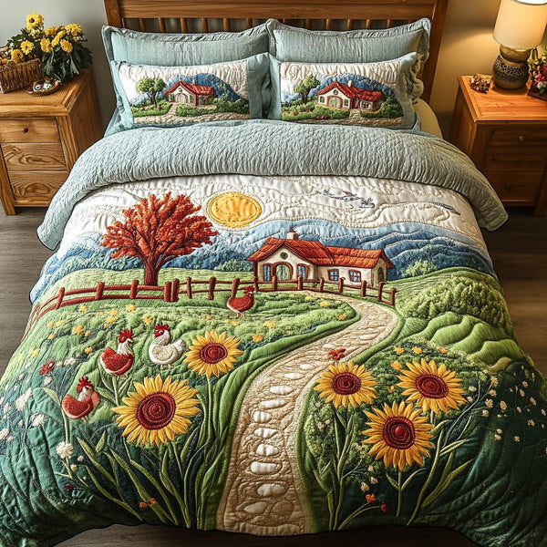 Homestead Haven quilted 3-piece bedding set on a made bed in a rustic timber bedroom