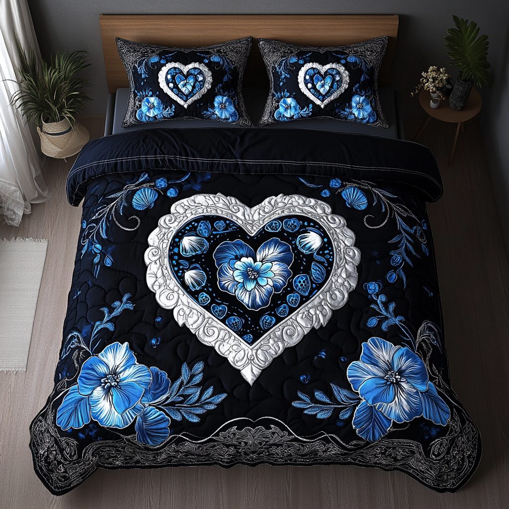 Homestead Hearts quilted 3-piece bedding set on a made bed in a rustic timber bedroom