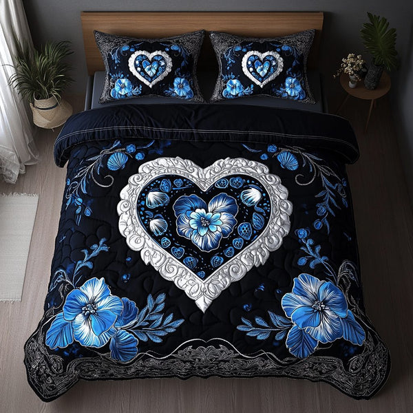 Homestead Hearts quilted 3-piece bedding set on a made bed in a rustic timber bedroom