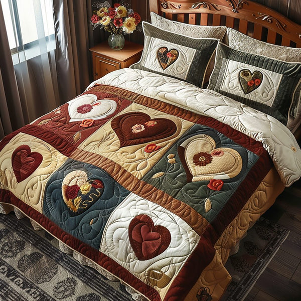 Homestead Hearts quilted 3-piece bedding set on a made bed in a rustic timber bedroom