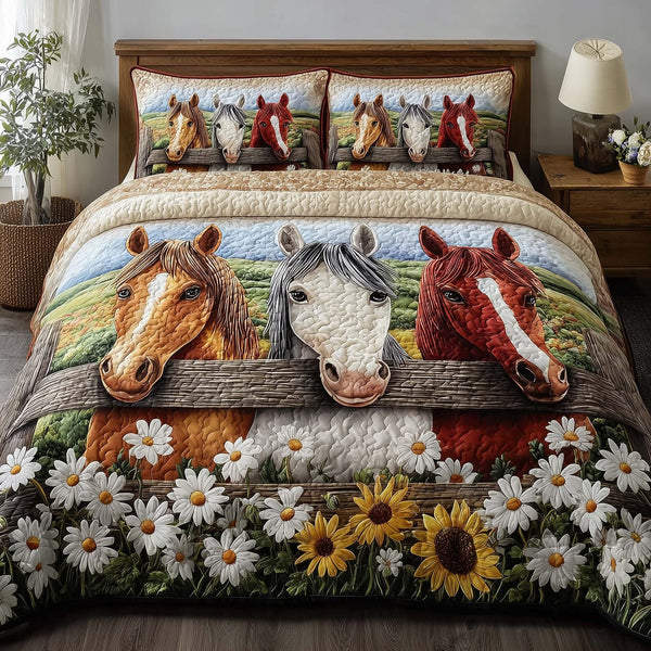 Homestead Hooves quilted 3-piece bedding set on a made bed in a rustic timber bedroom