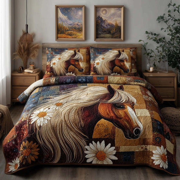 Homestead Hooves quilted 3-piece bedding set on a made bed in a rustic timber bedroom