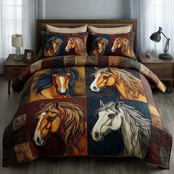 Homestead Hooves quilted 3-piece bedding set on a made bed in a rustic timber bedroom
