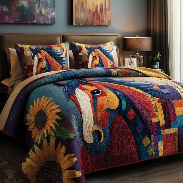 Homestead Hooves quilted 3-piece bedding set on a made bed in a rustic timber bedroom