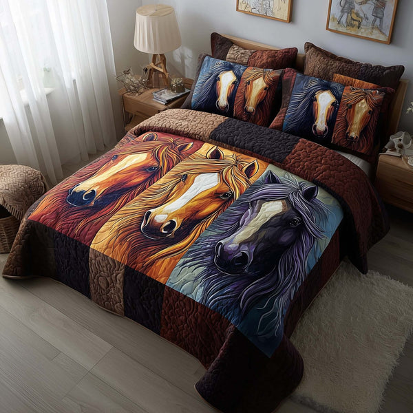 Homestead Hooves quilted 3-piece bedding set on a made bed in a rustic timber bedroom