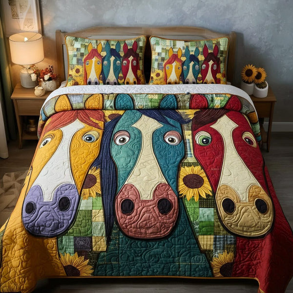 Homestead Hooves quilted 3-piece bedding set on a made bed in a rustic timber bedroom