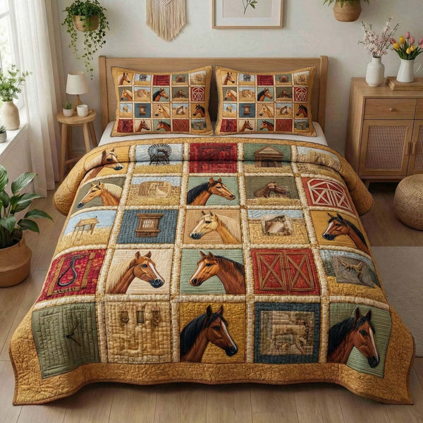 Homestead Horses quilted 3-piece bedding set on a made bed in a rustic timber bedroom