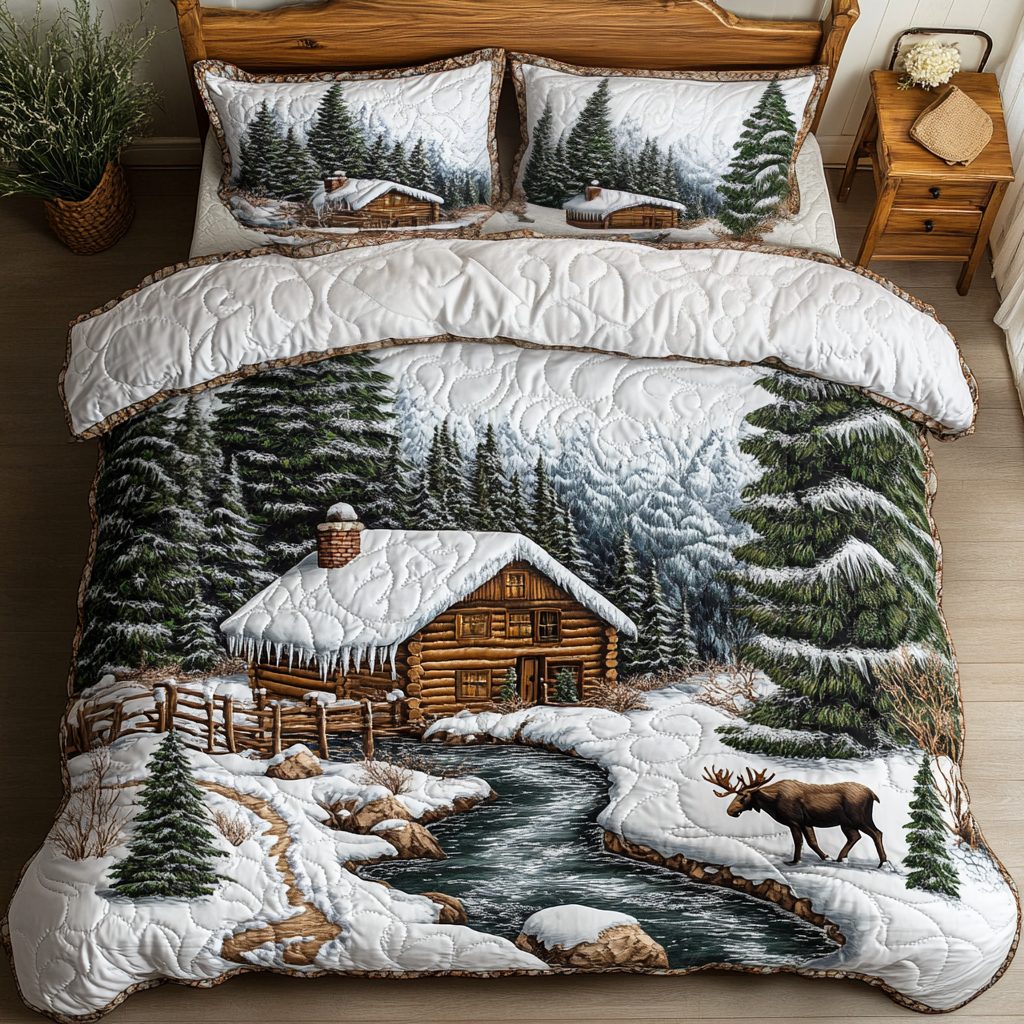 Homestead Log Cabin quilted 3-piece bedding set on a made bed in a rustic timber bedroom