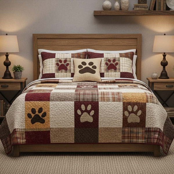 Homestead Paw Charm quilted 3-piece bedding set on a made bed in a rustic timber bedroom