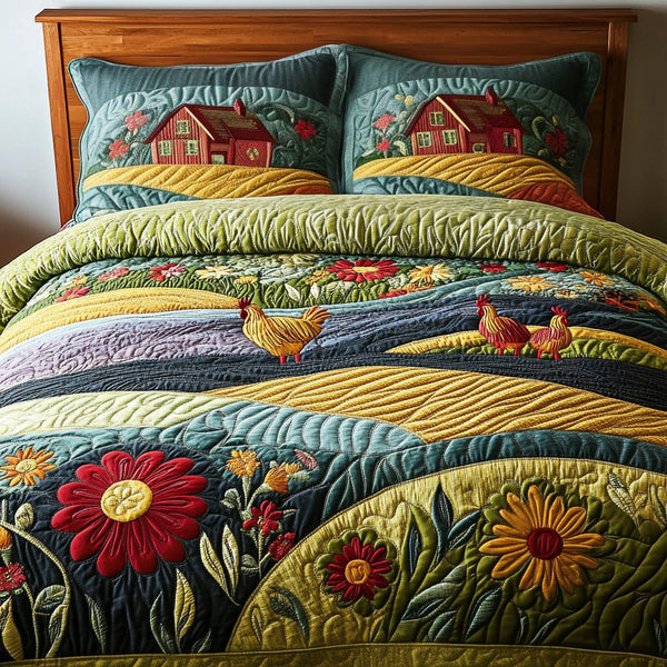 Homestead Serenity quilted 3-piece bedding set on a made bed in a rustic timber bedroom